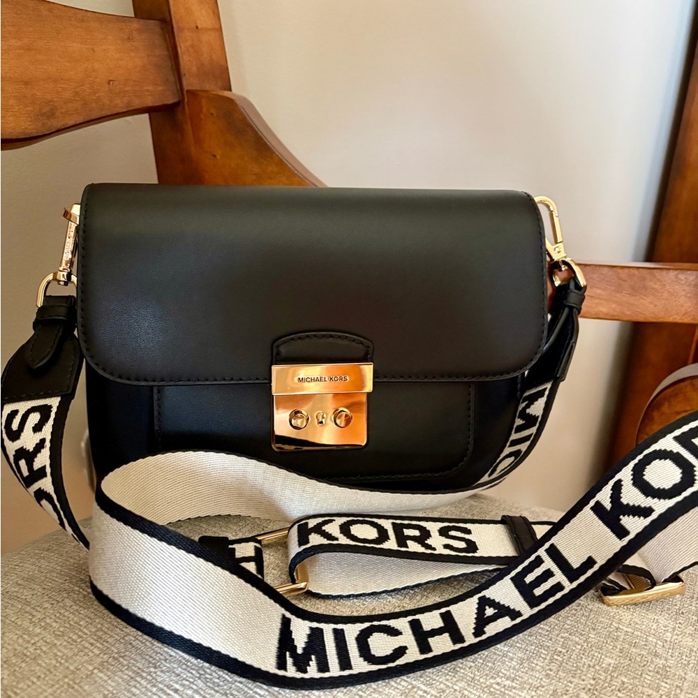 Michael Kors Black Leather Crossbody with Logo Strap and Gold Hardware
